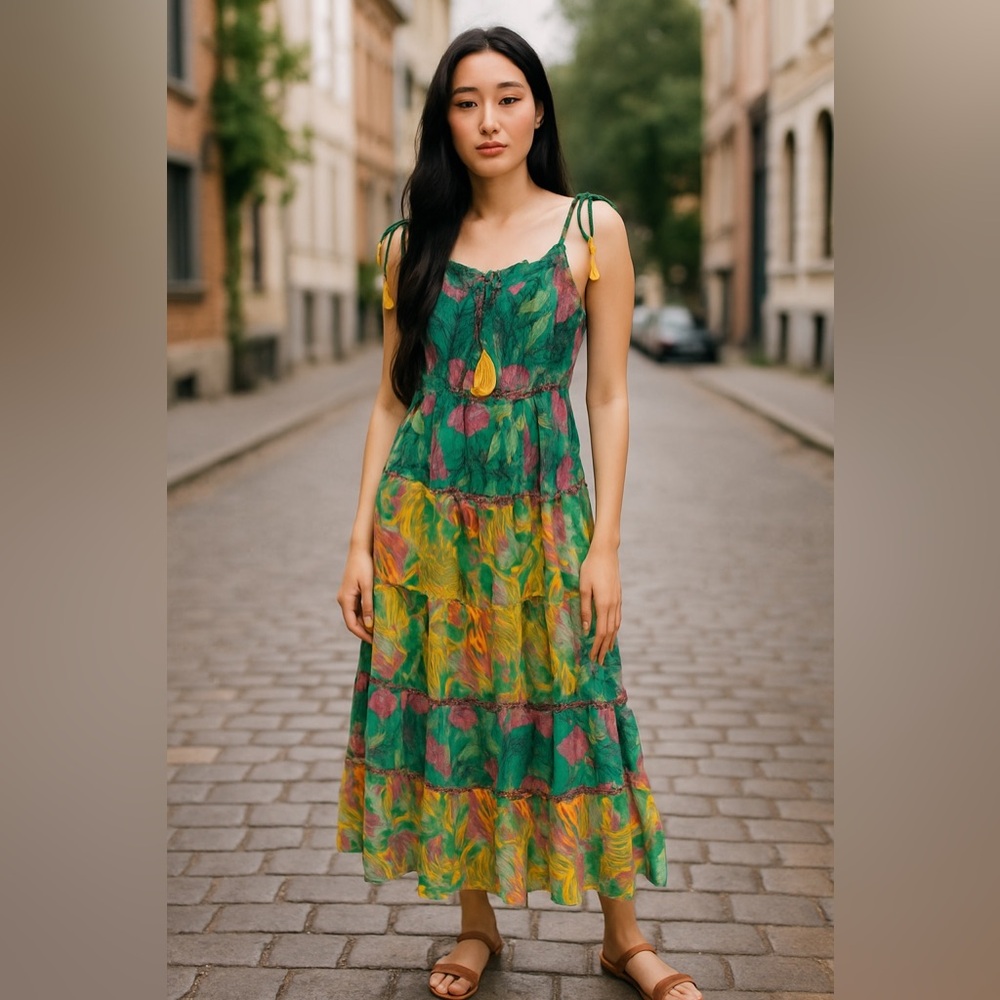 AMERICA & BEYOND ($211 Cad) BOHO BLISSFUL TIERED MAXI DRESS